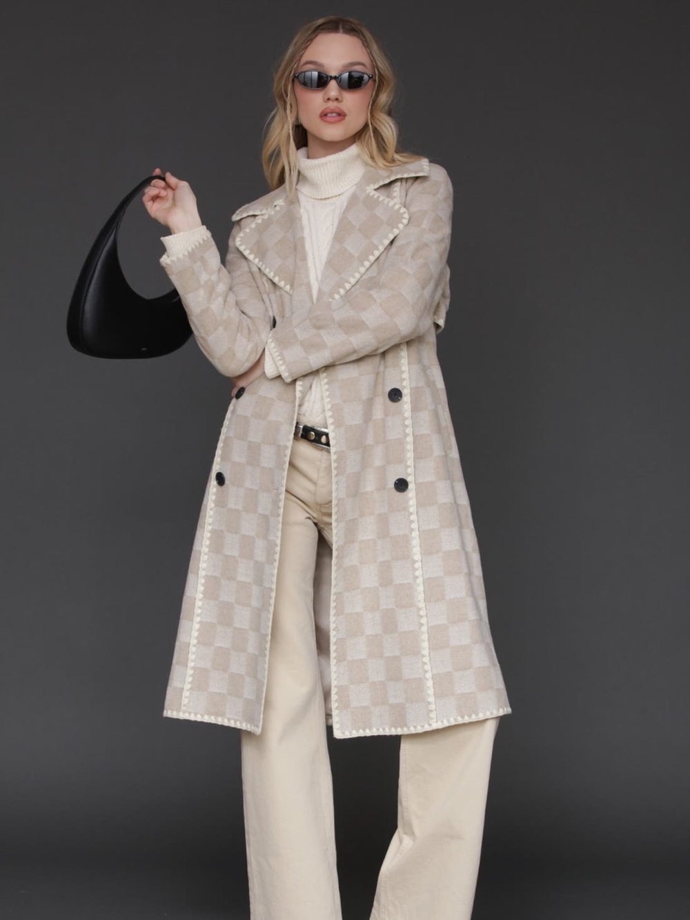 Avec Les Filles Wool Blend Checkered Blanket Stitch Coat - Beige